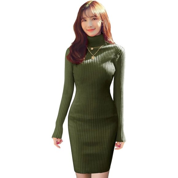 Women's Turtleneck Long Sleeve Bodycon Fall Mini Slim Knit Sweater Dress Olive - Picture 5 of 5